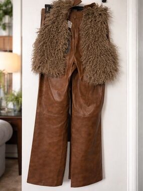 Faux Fur Faux Leather Pant Set - Mocha